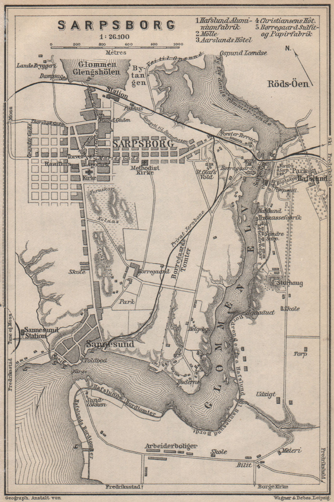SARPSBORG antique town city byplan. Norway kart. BAEDEKER 1899 old map